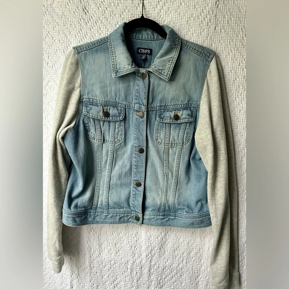 Chaps Mixed Media Denim Jacket Gray Terry Sleeves Size L